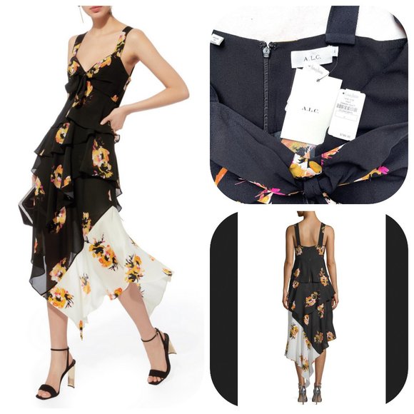 A.L.C. Floral Silk Ruffle Asymmetric Dress - Picture 1 of 11
